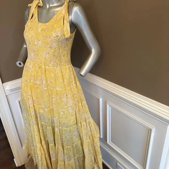 FREE PEOPLE Floral Yellow Maxi Tiered Sundress Sz Small - Picture 5 of 6